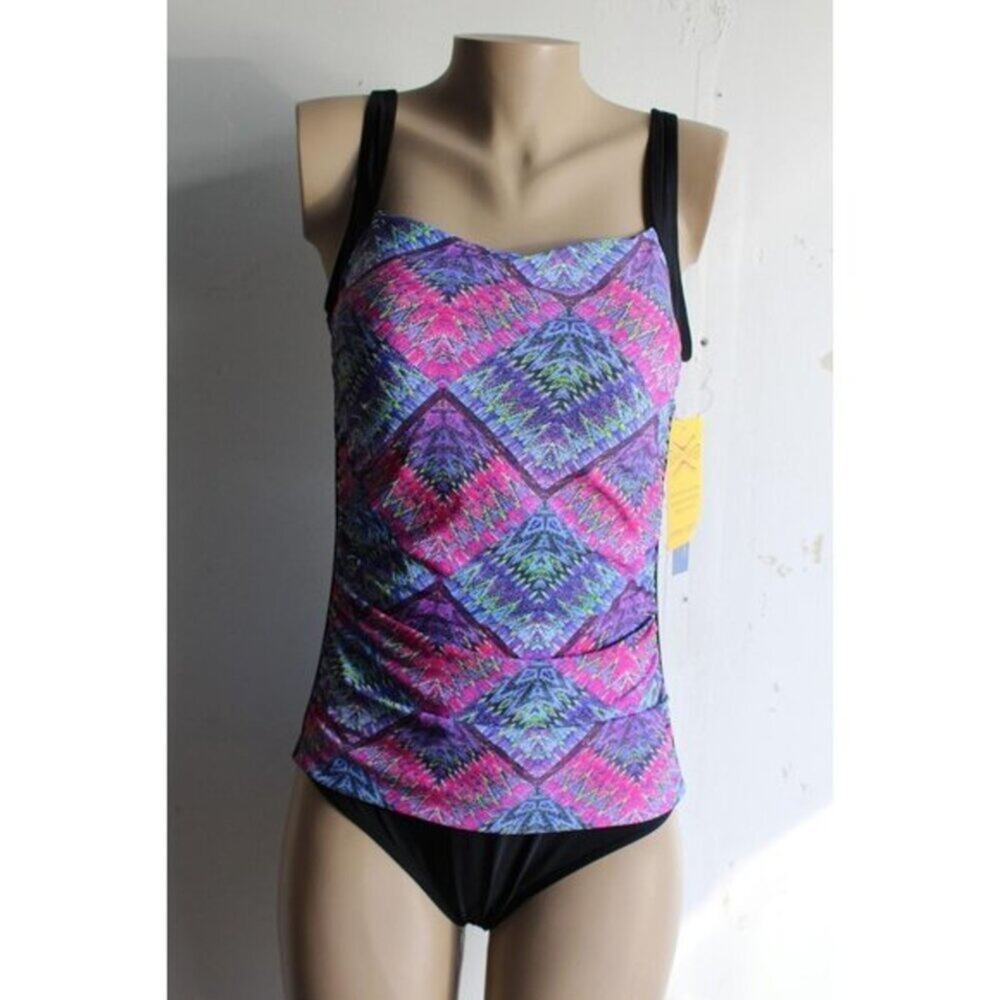 Ceeb Pretty in Pink Geometric Mock Tankini Set Black 1 Piece Swimsuit